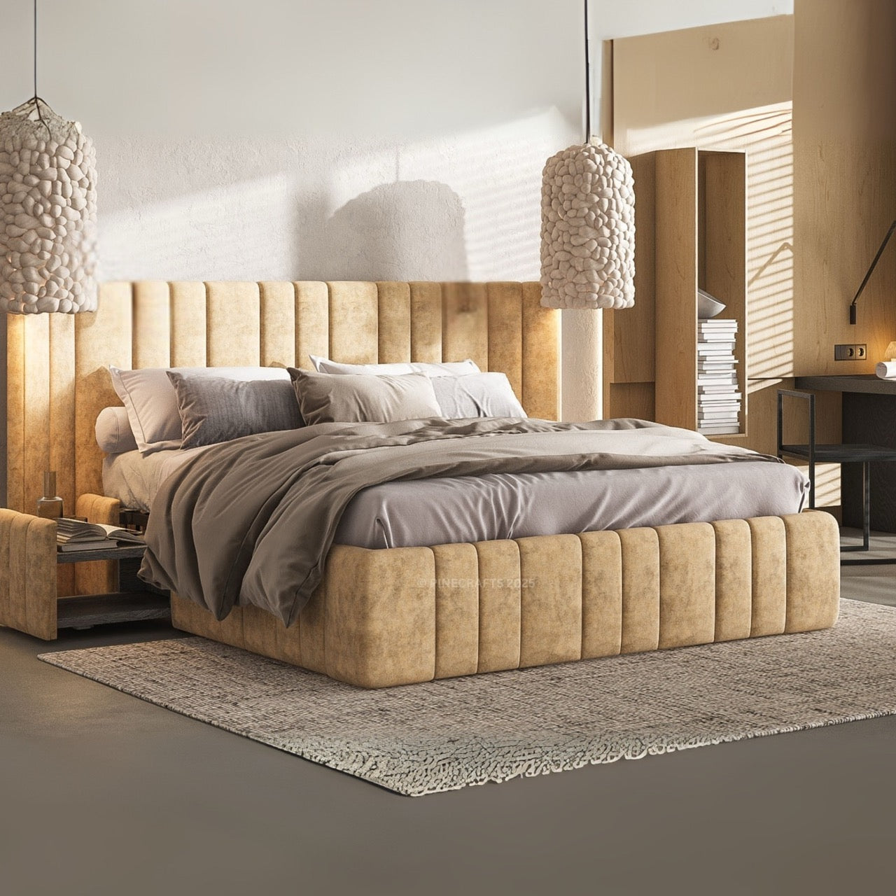 Modern bedroom with a beige upholstered bed and matching headboard.